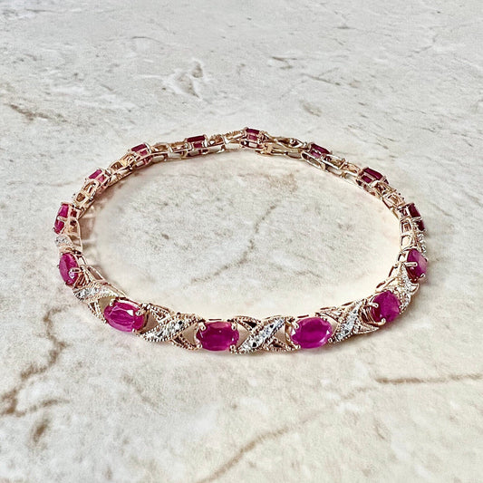 Vintage 10K Ruby And Diamond Bracelet - Rose Gold Ruby Bracelet - Hugs And Kisses Rose Gold Bracelet - July Birthstone - Best Gift For Her