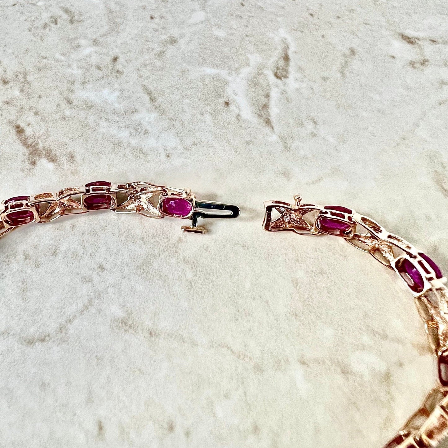 Vintage 10 Karat Rose Gold Ruby & Diamond Hugs & Kisses Bracelet - WeilJewelry