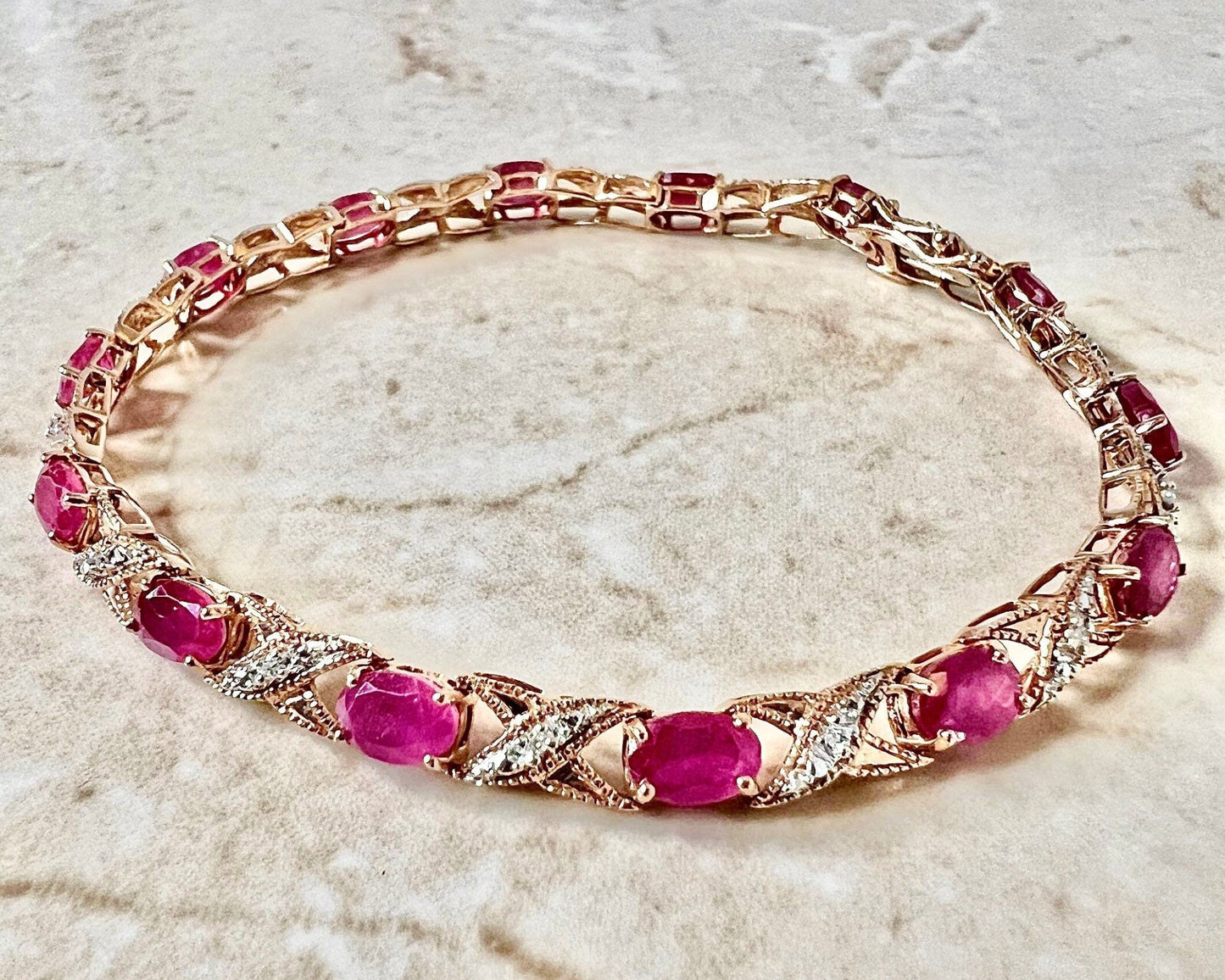 Vintage 10K Ruby And Diamond Bracelet - Rose Gold Ruby Bracelet - Hugs And Kisses Rose Gold Bracelet - July Birthstone - Best Gift For Her