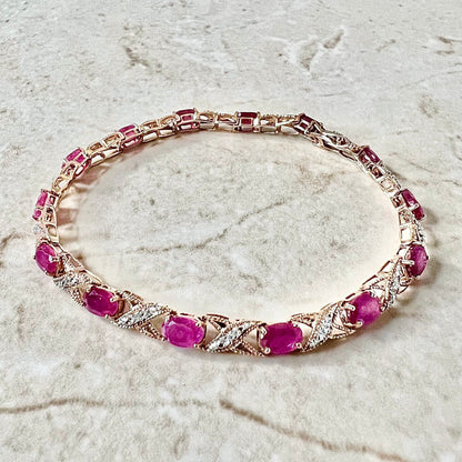 Vintage 10 Karat Rose Gold Ruby & Diamond Hugs & Kisses Bracelet - WeilJewelry