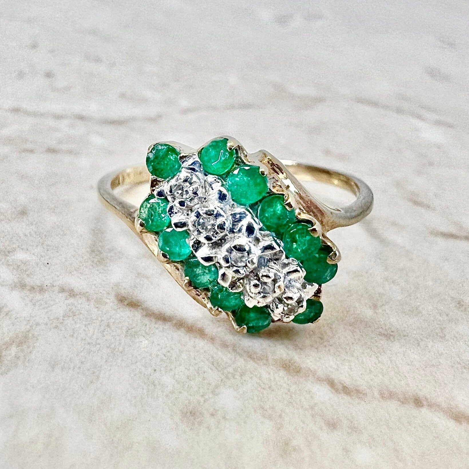 Vintage 10 Karat Two - Tone Gold Natural Emerald & Diamond Cocktail Ring - WeilJewelry