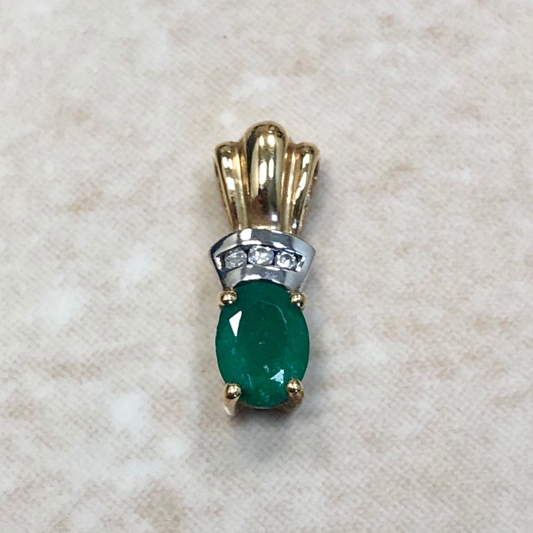 Vintage Emerald & Diamond Pendant Necklace - 10K Two Tone Gold - Emerald Diamond Necklace - Genuine Gemstone - May Birthstone Gift