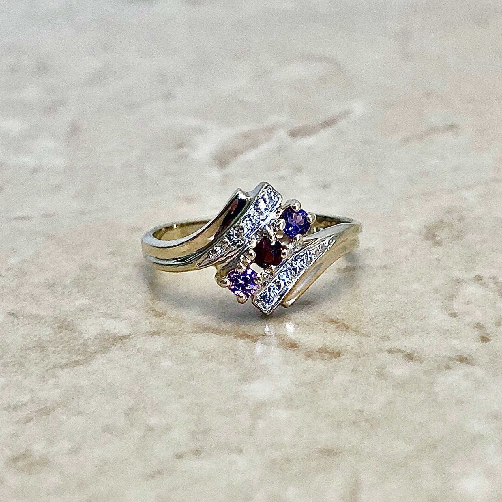 10K Amethyst, Garnet, Tourmaline & Diamond Mother’s Ring - Two Tone Gold Cocktail Ring - January February October Birthstone Gift