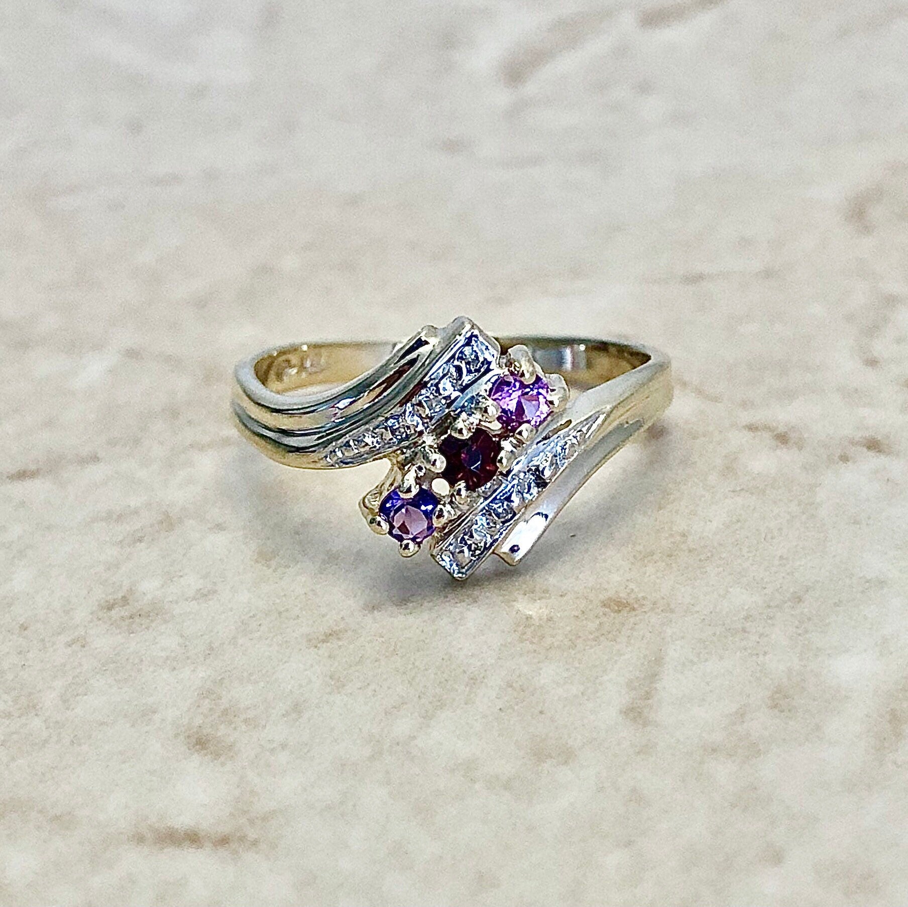 10K Amethyst, Garnet, Tourmaline & Diamond Mother’s Ring - Two Tone Gold Cocktail Ring - January February October Birthstone Gift