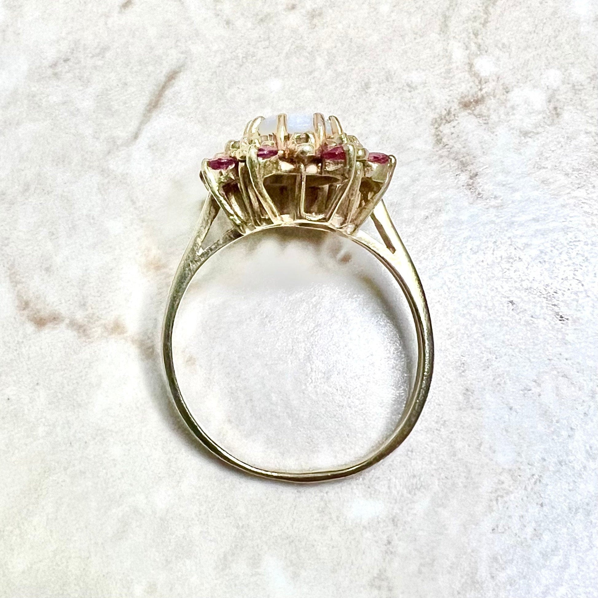 Vintage 10 Karat Yellow Gold Natural Opal, Diamond & Ruby Halo Ring - WeilJewelry