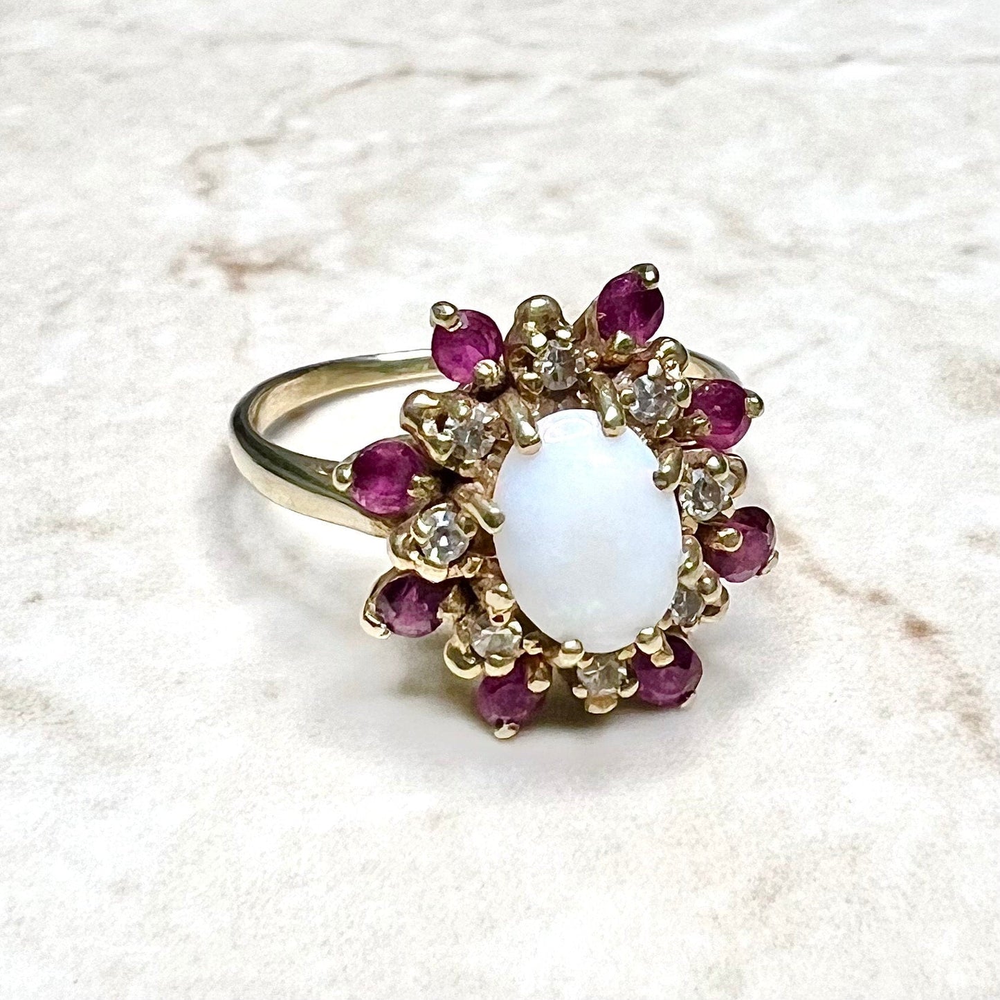 Vintage 10 Karat Yellow Gold Natural Opal, Diamond & Ruby Halo Ring - WeilJewelry