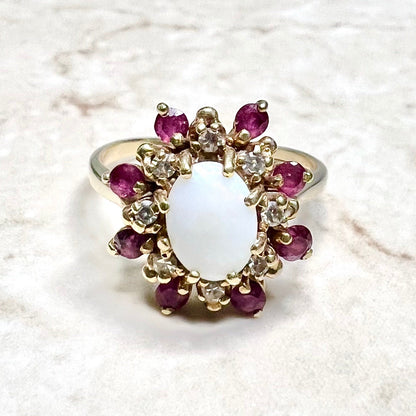 Vintage 10 Karat Yellow Gold Natural Opal, Diamond & Ruby Halo Ring - WeilJewelry