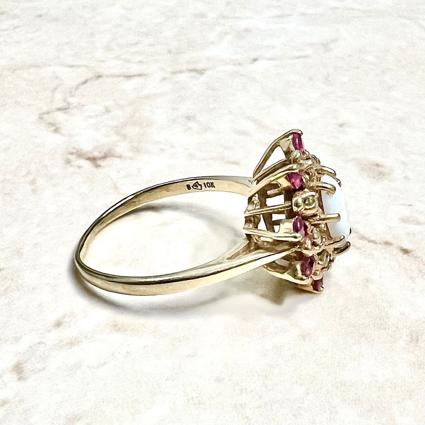 Vintage 10 Karat Yellow Gold Natural Opal, Diamond & Ruby Halo Ring - WeilJewelry