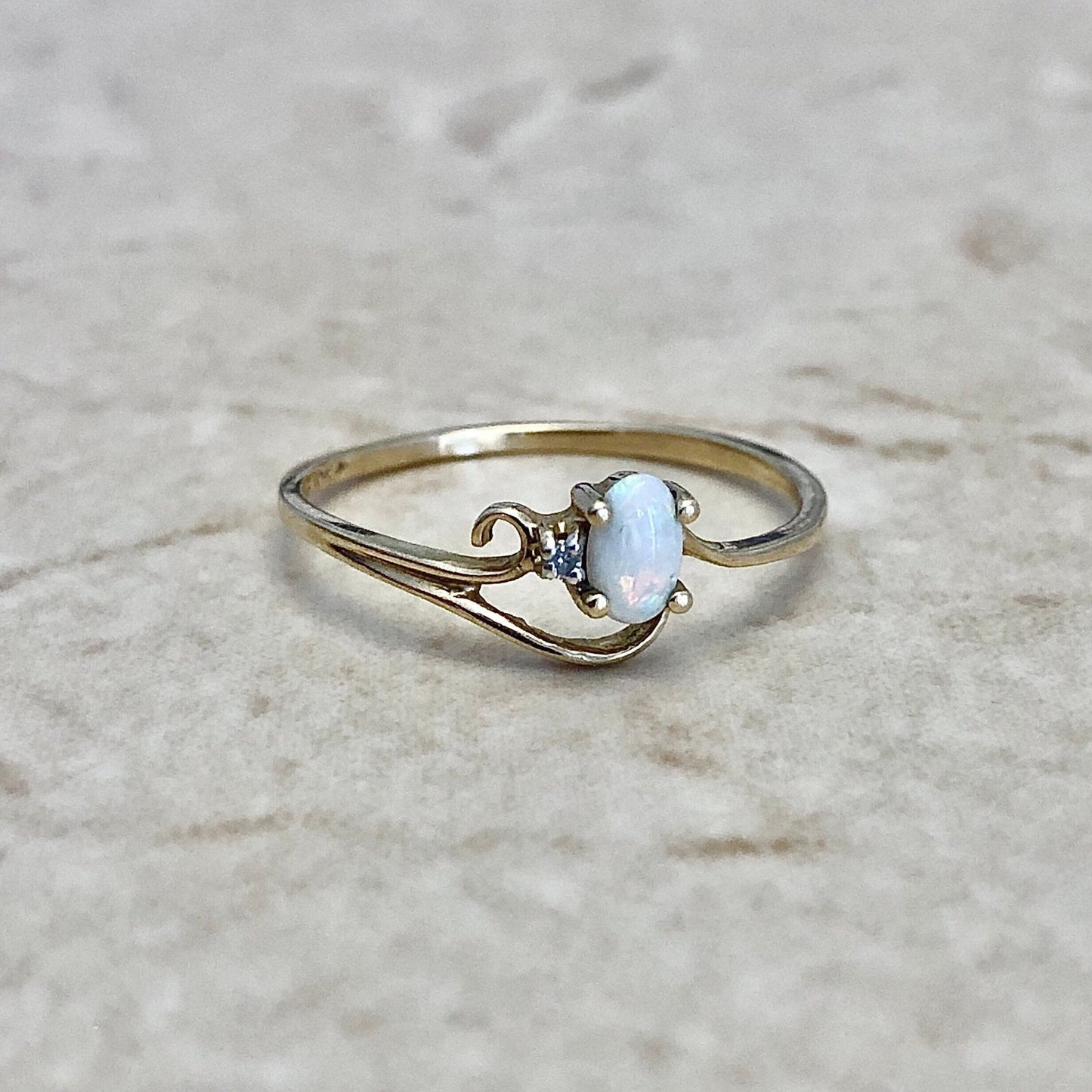 Vintage Natural Opal And Diamond Ring - 10 Karat Yellow Gold - October Birthstone - Birthday Gift - Size 8