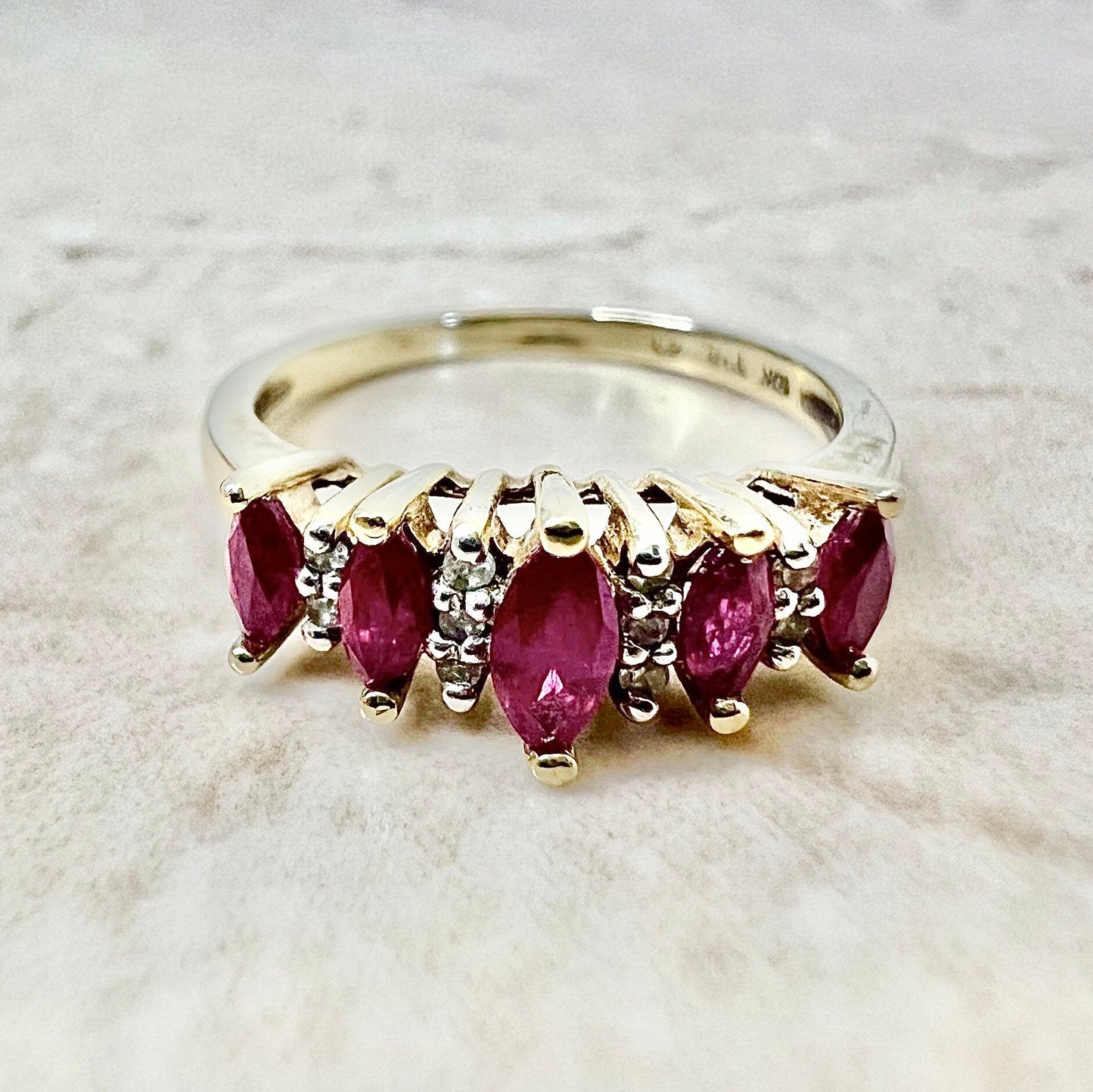Vintage 10K Ruby & Diamond Band Ring - Yellow Gold Marquise Ruby Cocktail Ring - July Birthstone - Birthday Gift - Best Gift For Her - Sale