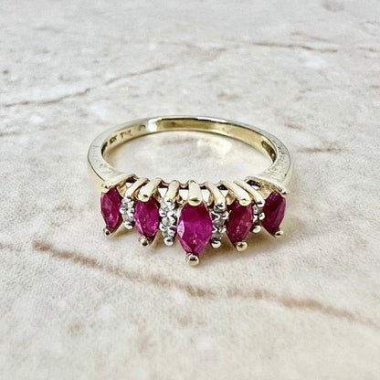 Vintage 10K Ruby & Diamond Band Ring - Yellow Gold Marquise Ruby Cocktail Ring - July Birthstone - Birthday Gift - Best Gift For Her - Sale