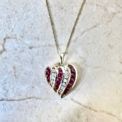 Vintage 10K Natural Ruby & Diamond Heart Pendant Necklace - Yellow Gold Ruby Pendant- April July Birthstone - Valentine’s Day Gift For Her
