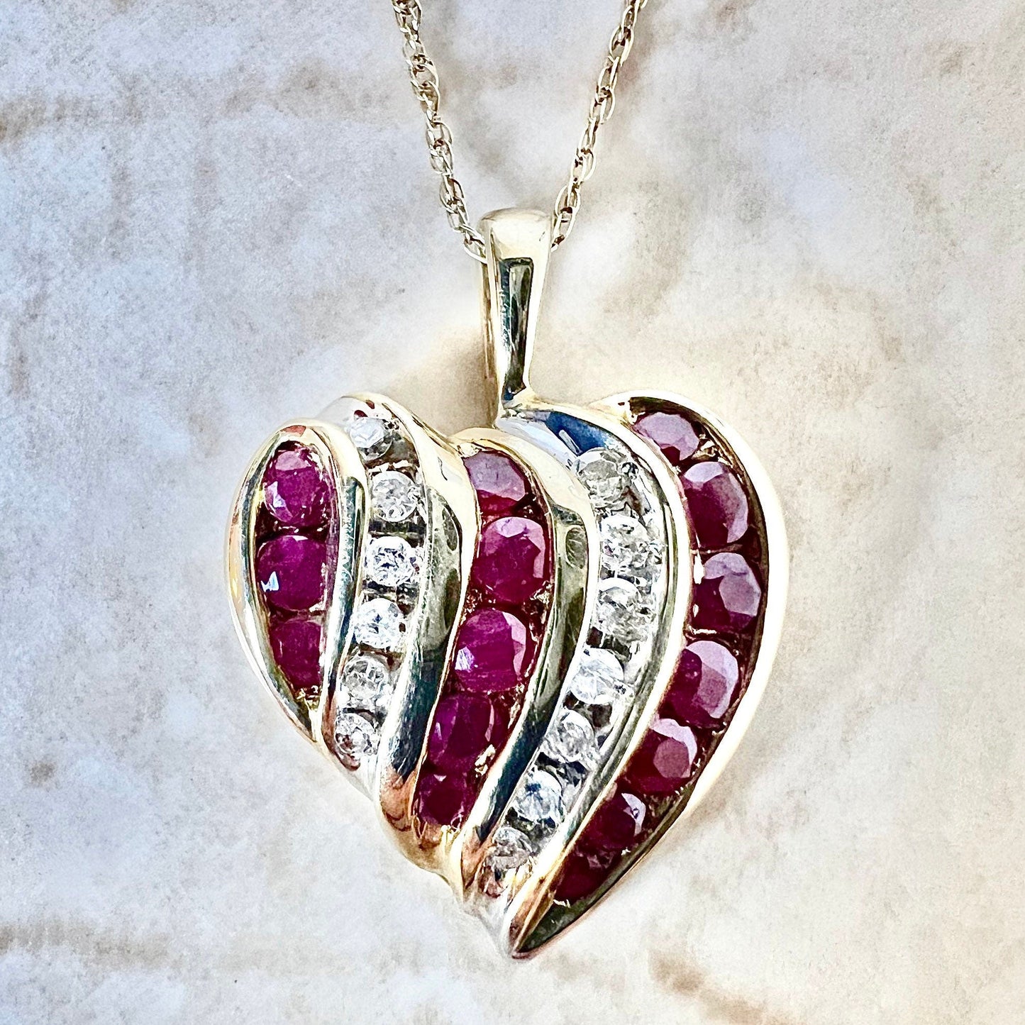 Vintage 10K Natural Ruby & Diamond Heart Pendant Necklace - Yellow Gold Ruby Pendant- April July Birthstone - Valentine’s Day Gift For Her
