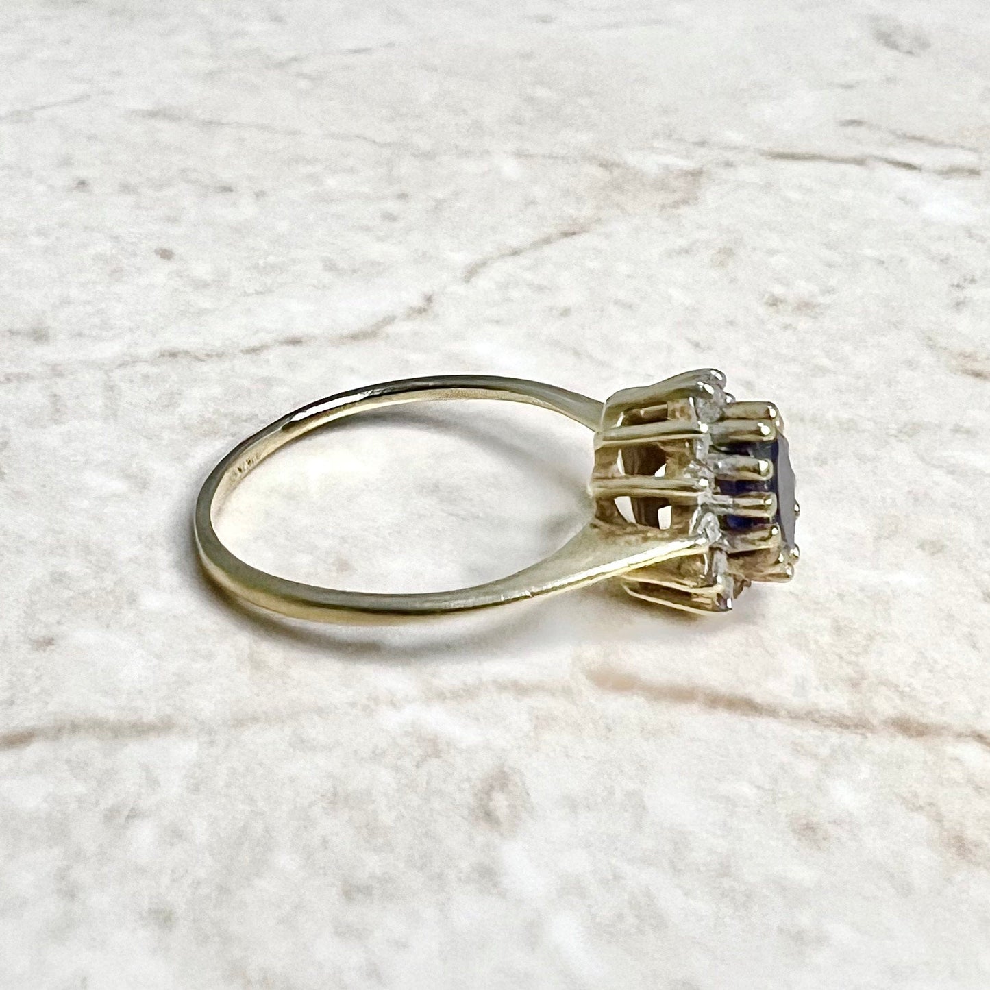10K Vintage Synthetic Blue Stone & Diamond Halo Ring - 10K Yellow Gold Ring - Blue Stone Ring - Gold Promise Ring - Gemstone Cocktail Ring