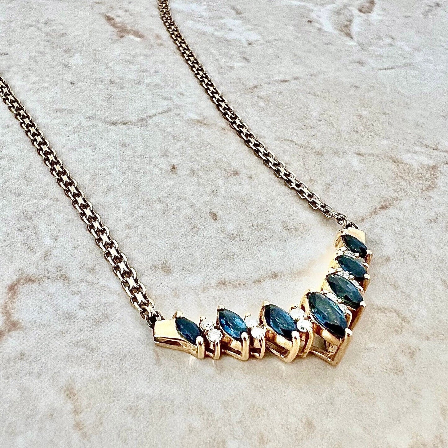 Vintage 14K Blue Sapphire And Diamond Pendant Necklace - Yellow Gold Sapphire Necklace - Chevron Necklace - Birthday Gift -Best Gift For Her