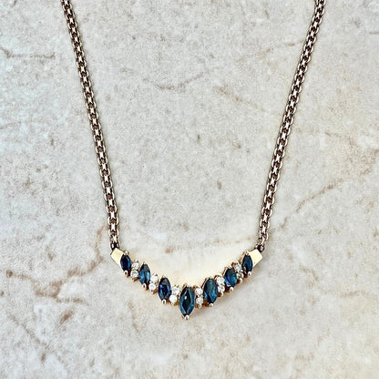 Vintage 14K Blue Sapphire And Diamond Pendant Necklace - Yellow Gold Sapphire Necklace - Chevron Necklace - Birthday Gift -Best Gift For Her