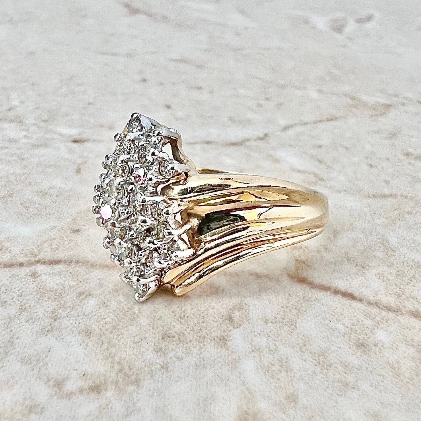 Vintage Diamond Cluster Ring - 14K Yellow Gold Diamond Cocktail Ring - Bypass Diamond Ring - 14K Gold Ring -Statement Ring-Anniversary Gifts