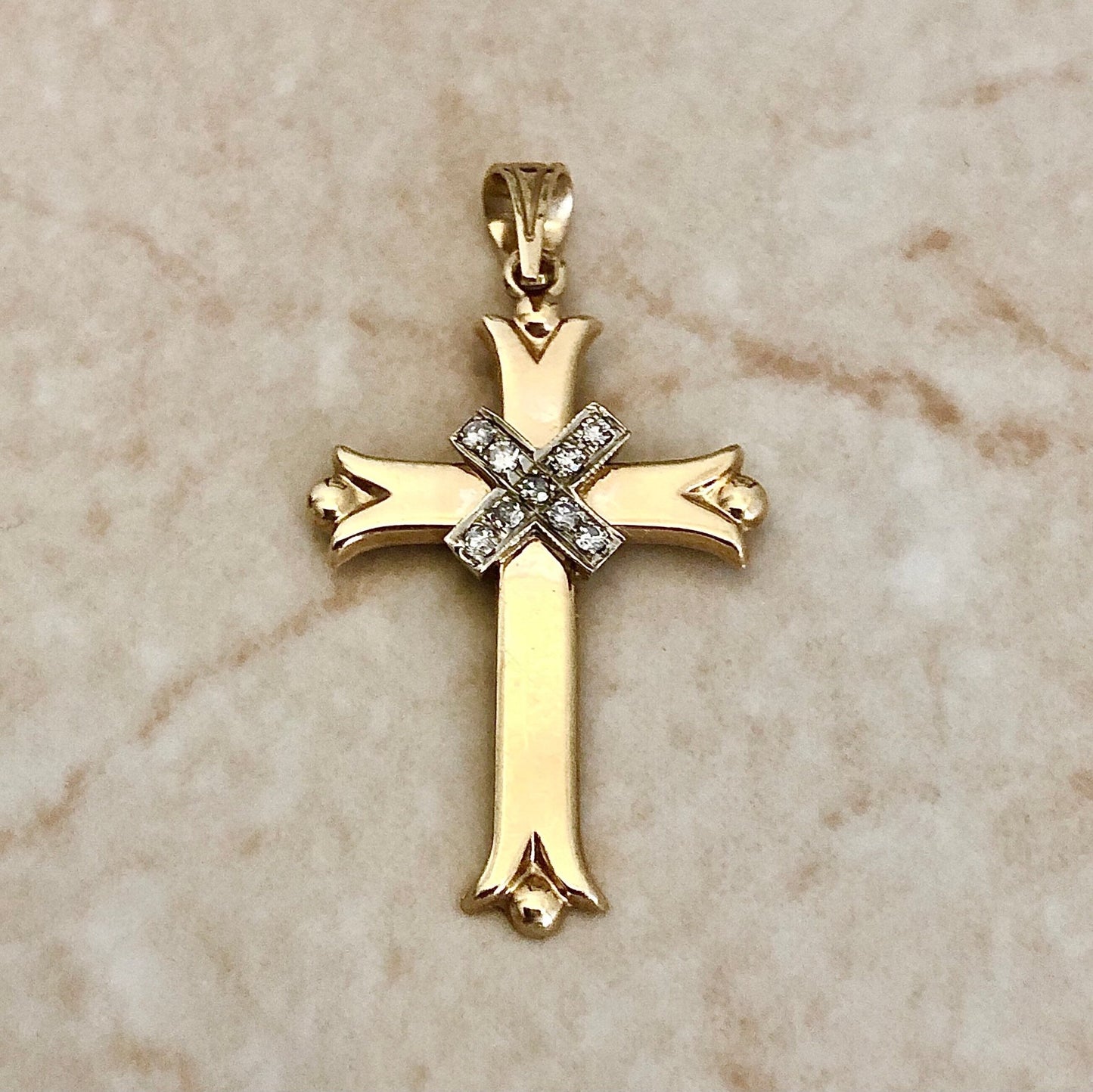 Vintage 14K Gold Diamond Cross Pendant - Yellow & White Gold - Diamond Pendant - Diamond Necklace - Religious Jewelry - April Birthstone
