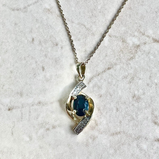 Vintage 14 Karat Yellow Gold Oval Blue Sapphire & Diamond Pendant Necklace - WeilJewelry