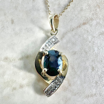 Vintage 14 Karat Yellow Gold Oval Blue Sapphire & Diamond Pendant Necklace - WeilJewelry