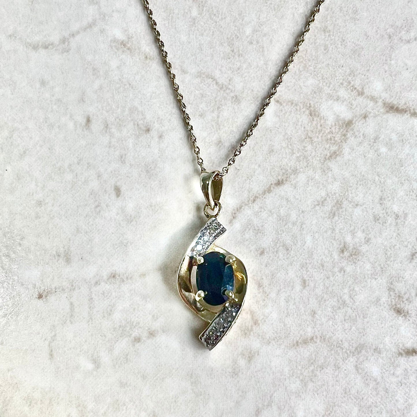 Vintage 14 Karat Yellow Gold Oval Blue Sapphire & Diamond Pendant Necklace - WeilJewelry