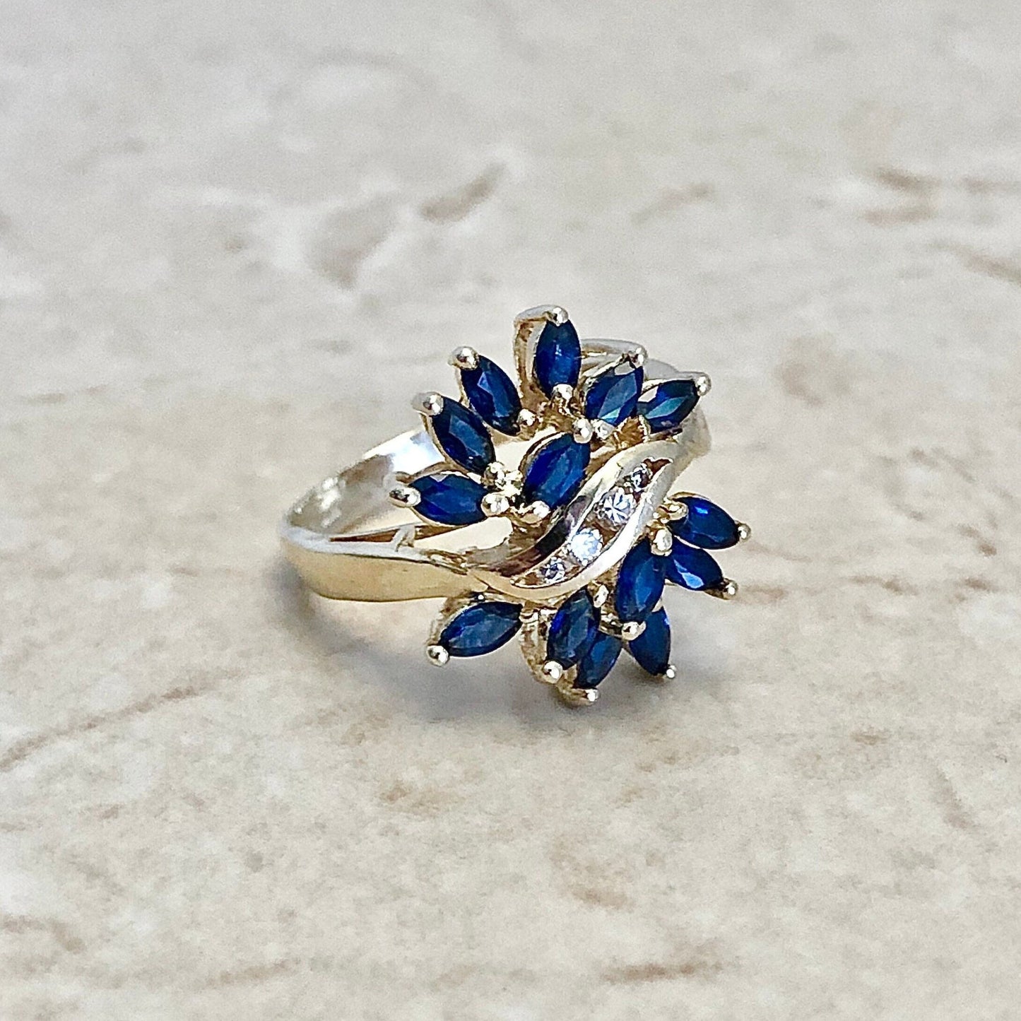 Vintage 14 Karat Yello wGold Sapphire & Diamond Cocktail Ring - WeilJewelry