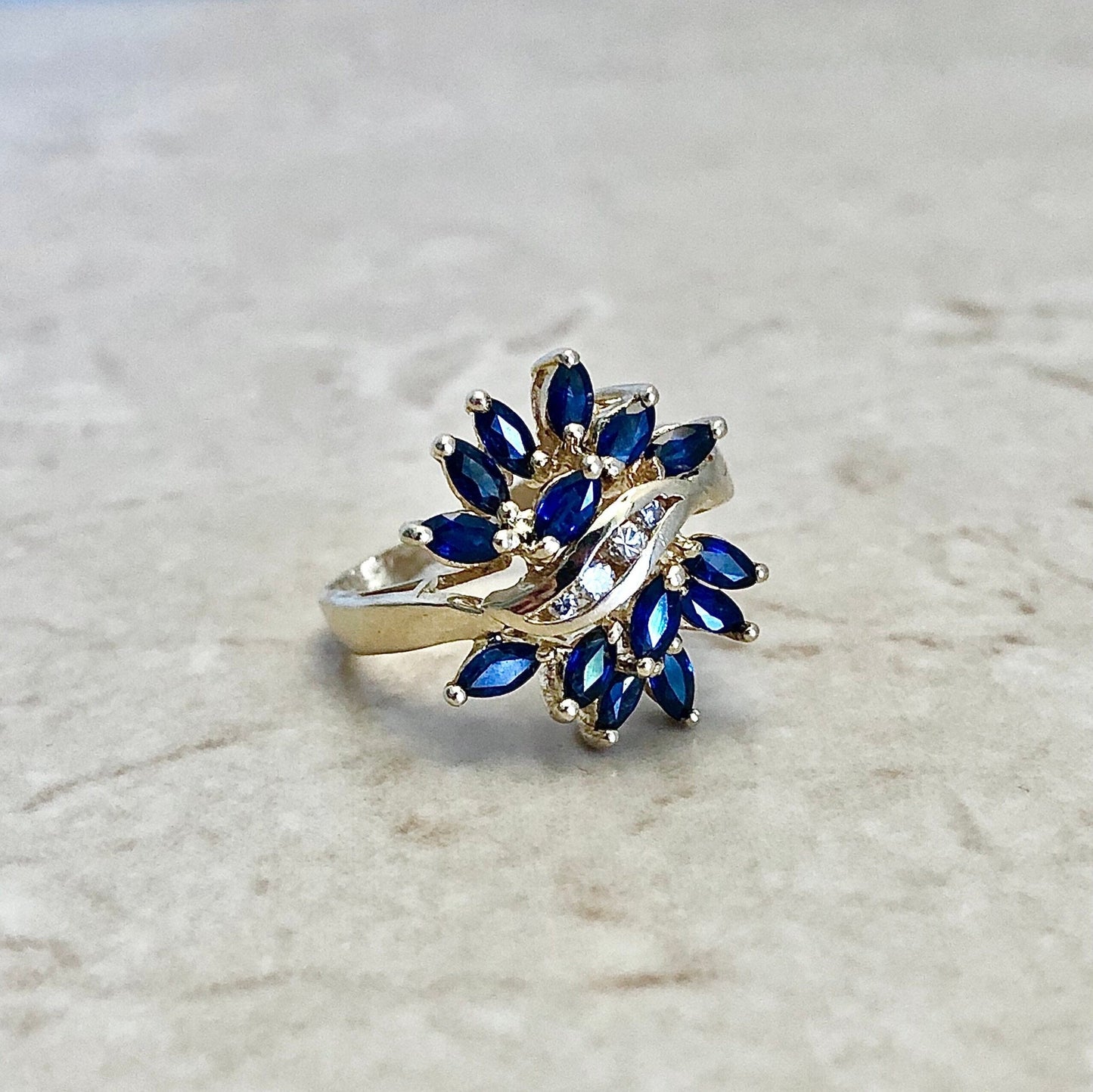 Vintage 14 Karat Yello wGold Sapphire & Diamond Cocktail Ring - WeilJewelry