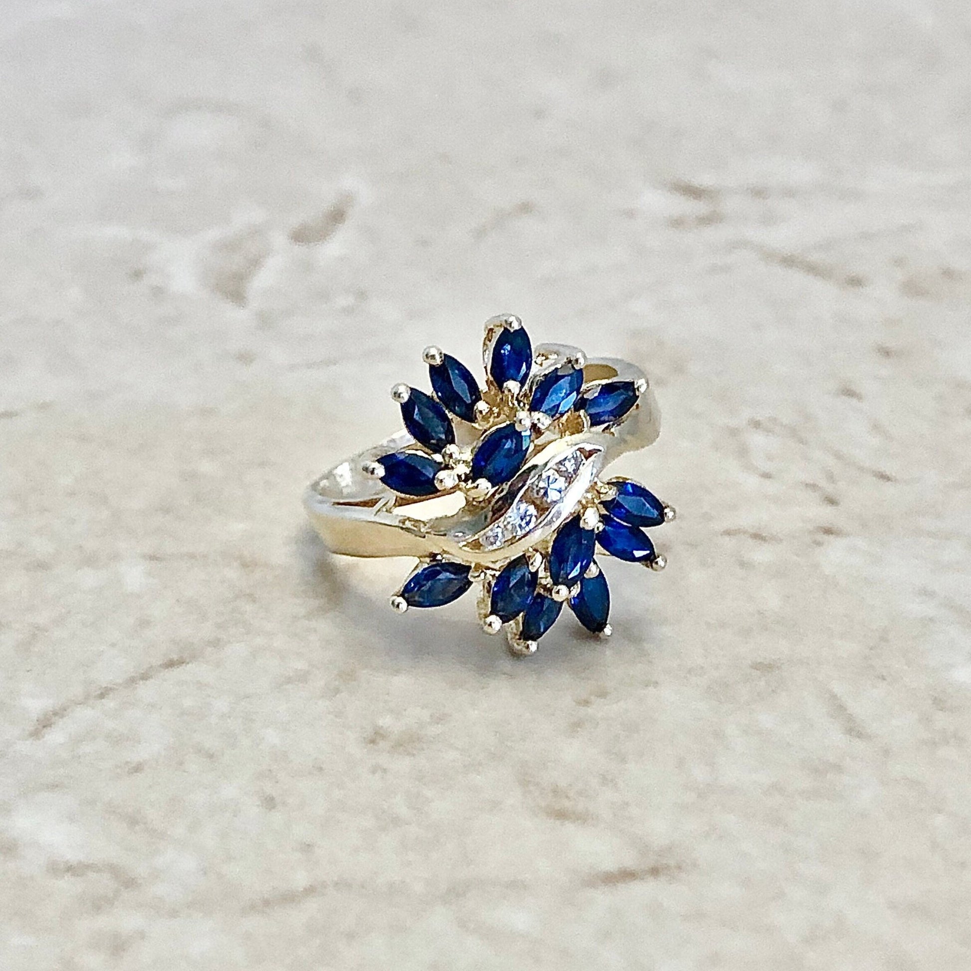 Vintage 14 Karat Yello wGold Sapphire & Diamond Cocktail Ring - WeilJewelry