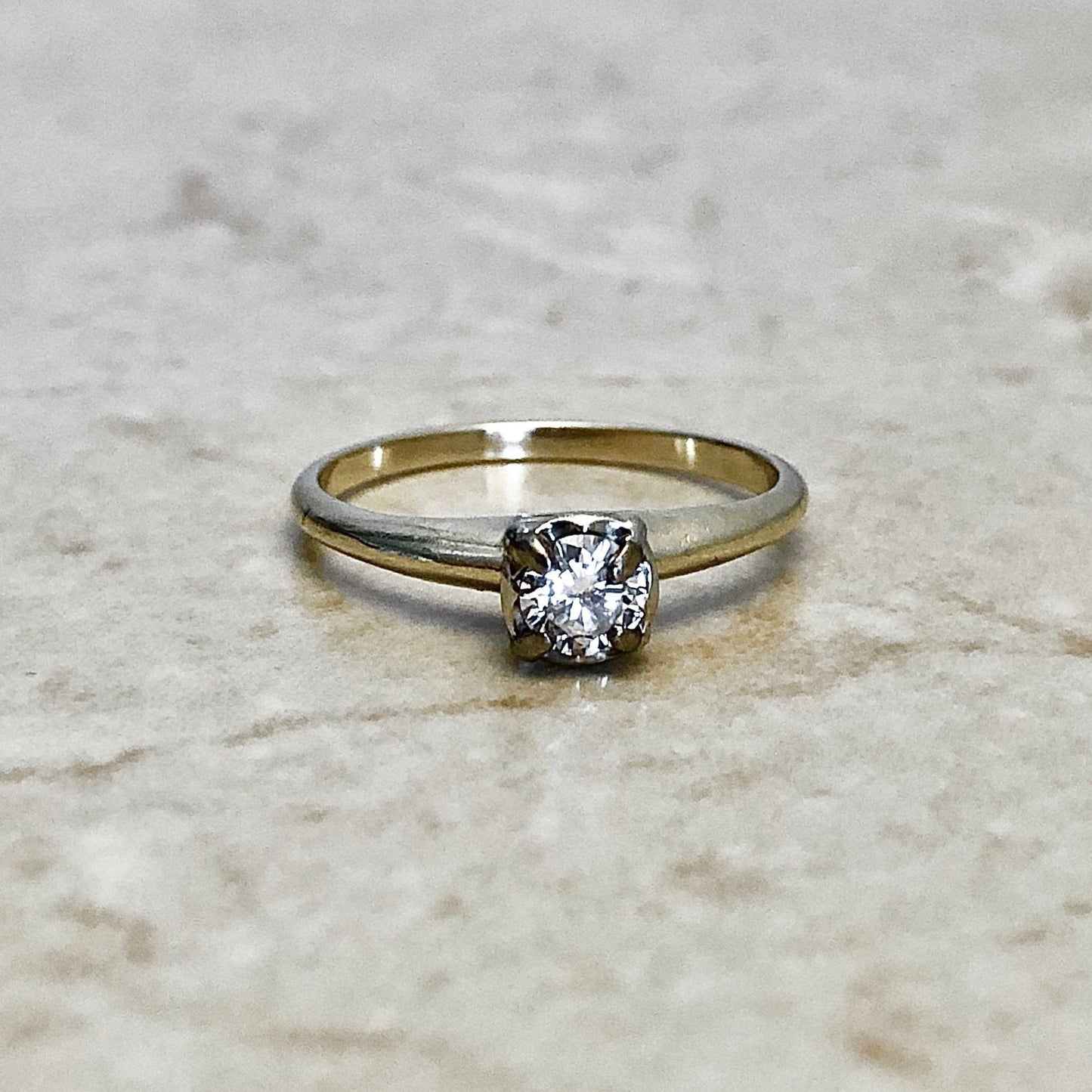 14K Vintage Diamond Solitaire Ring - Two Tone Gold Diamond Engagement Ring - Promise Ring - Anniversary Ring- Bridal Ring - Wedding Ring
