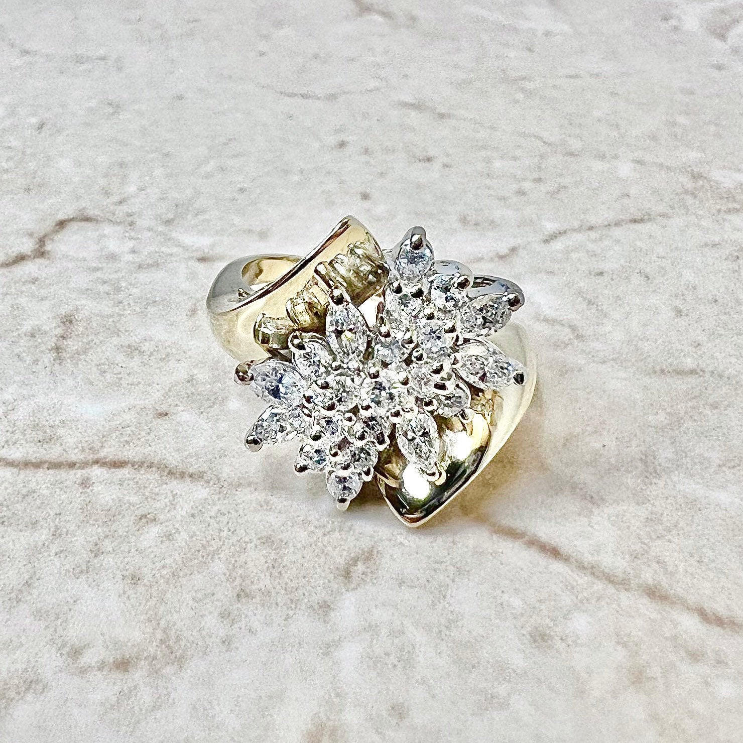 1 CTTW Vintage 14K Diamond Cluster Ring - 14 Karat Two Tone Gold Diamond Ring - Diamond Cocktail Ring - Statement Ring - Anniversary Ring