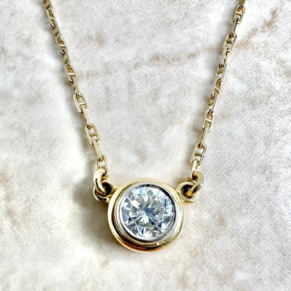 0.60 CT 14K Diamond Solitaire Necklace - Two Tone Gold Diamond Bezel Necklace - 14K Gold Diamond Necklace - Solitaire Pendant Necklace