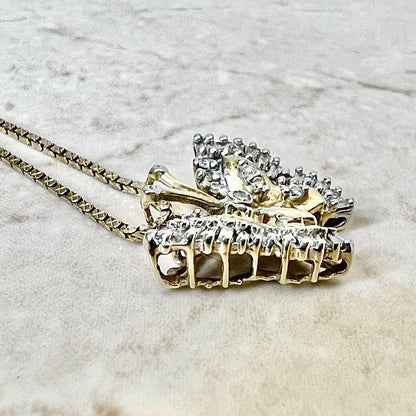 Vintage 14K Diamond Butterfly Pendant Necklace - Yellow & White Gold Insect Pendant - Diamond Necklace - Birthday Gift For Her