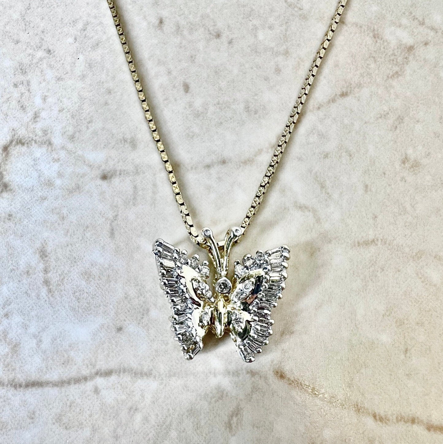 Vintage 14 Karat Two - Tone Gold Diamond Butterfly Pendant Necklace - WeilJewelry