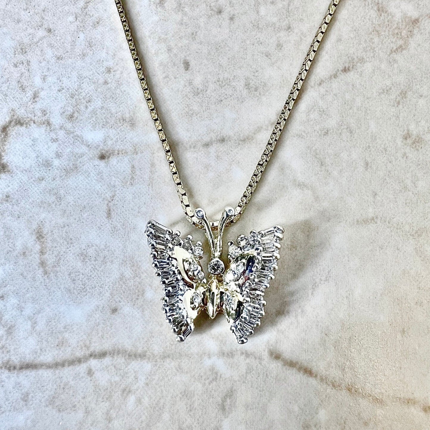 Vintage 14K Diamond Butterfly Pendant Necklace - Yellow & White Gold Insect Pendant - Diamond Necklace - Birthday Gift For Her