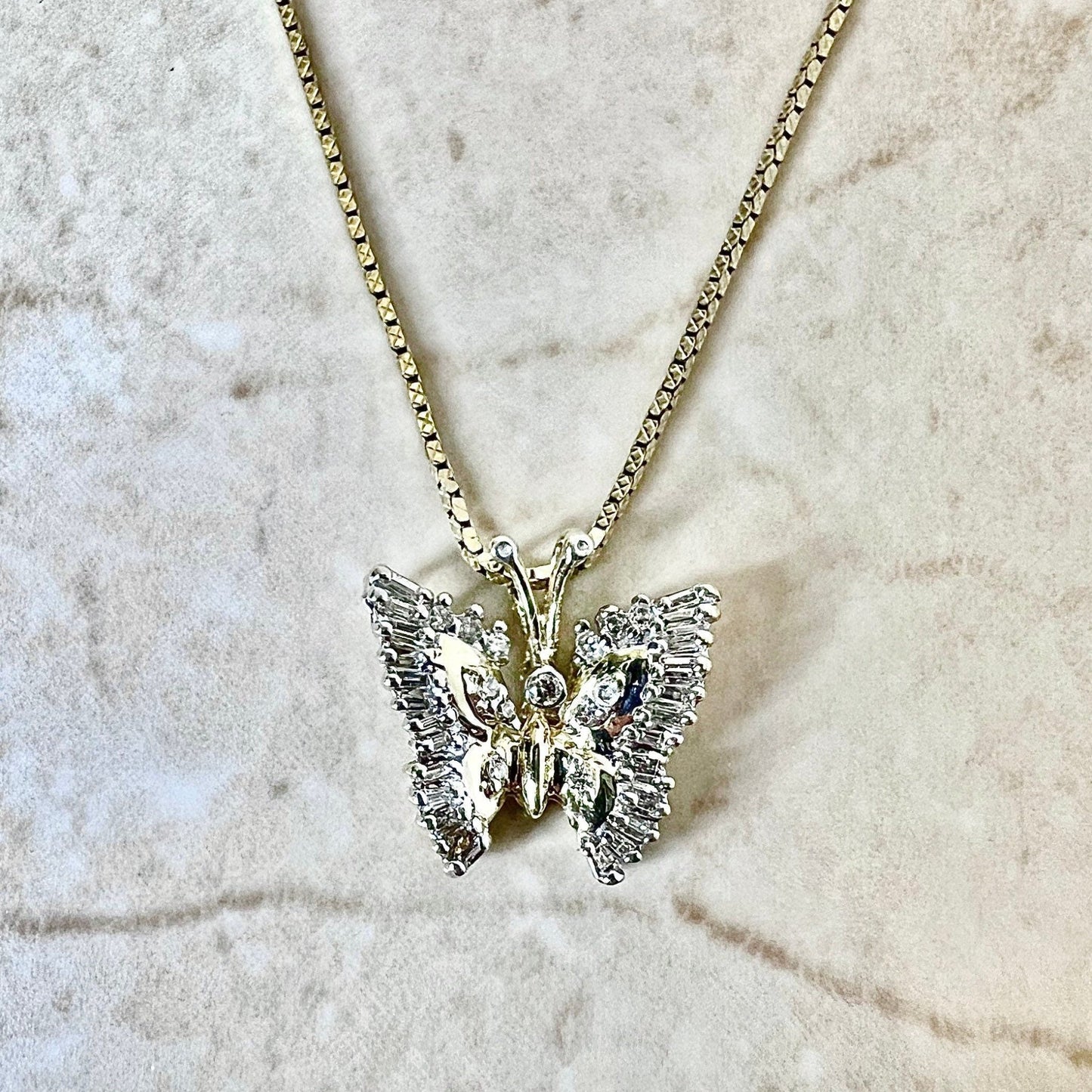 Vintage 14 Karat Two - Tone Gold Diamond Butterfly Pendant Necklace - WeilJewelry