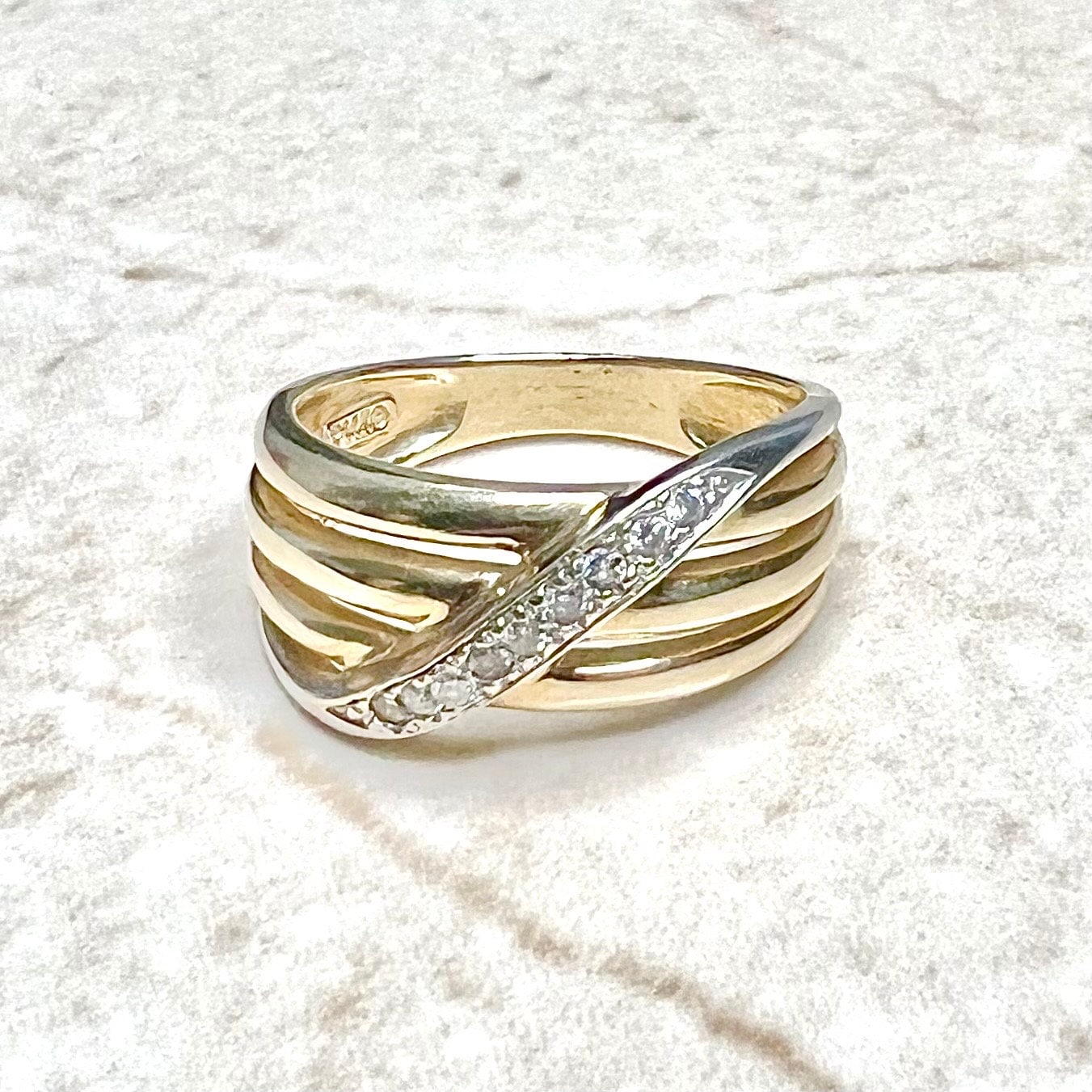 Vintage 14 Karat Two-Tone Gold Diamond Crossover Band Ring - WeilJewelry