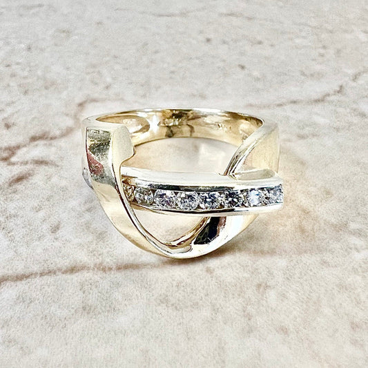 Vintage 14K Diamond Crossover Band Ring - 2 Tone Gold Diamond Cocktail Ring - Diamond Ring - Anniversary Ring - Wedding Ring - Half Eternity