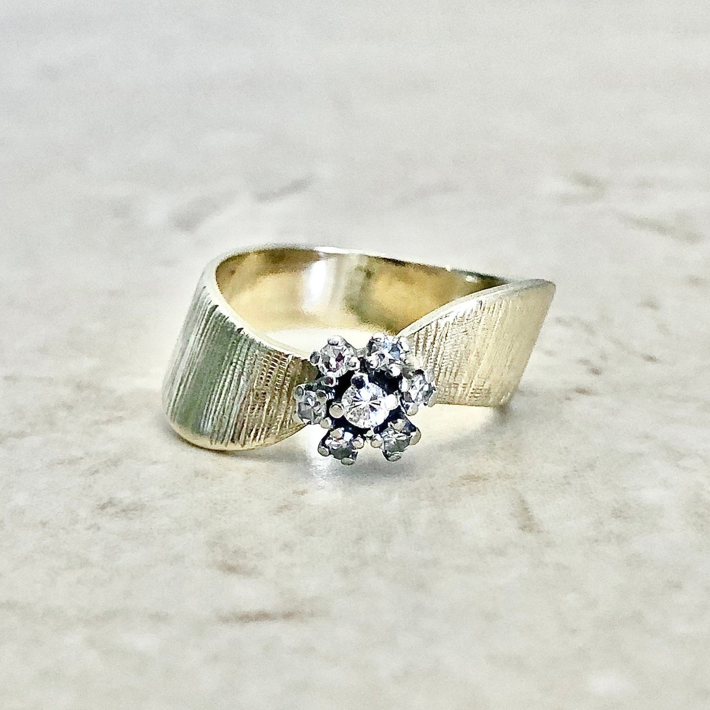 Vintage 14K Diamond Halo Ring - Flower Diamond Cocktail Ring - Two Tone Yellow & White Gold - Birthday Gift For Her