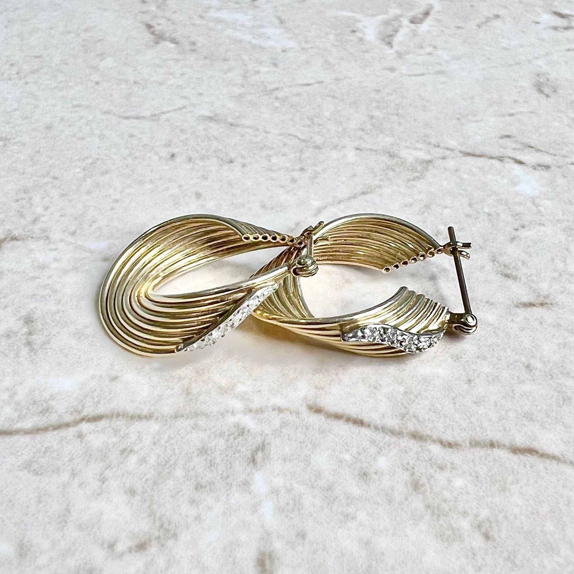 Vintage 14K Diamond Hoop Earrings - Two Tone Gold Diamond Hoops - 14 Karat Gold Diamond Earrings - Vintage Earrings - Yellow Gold Earrings