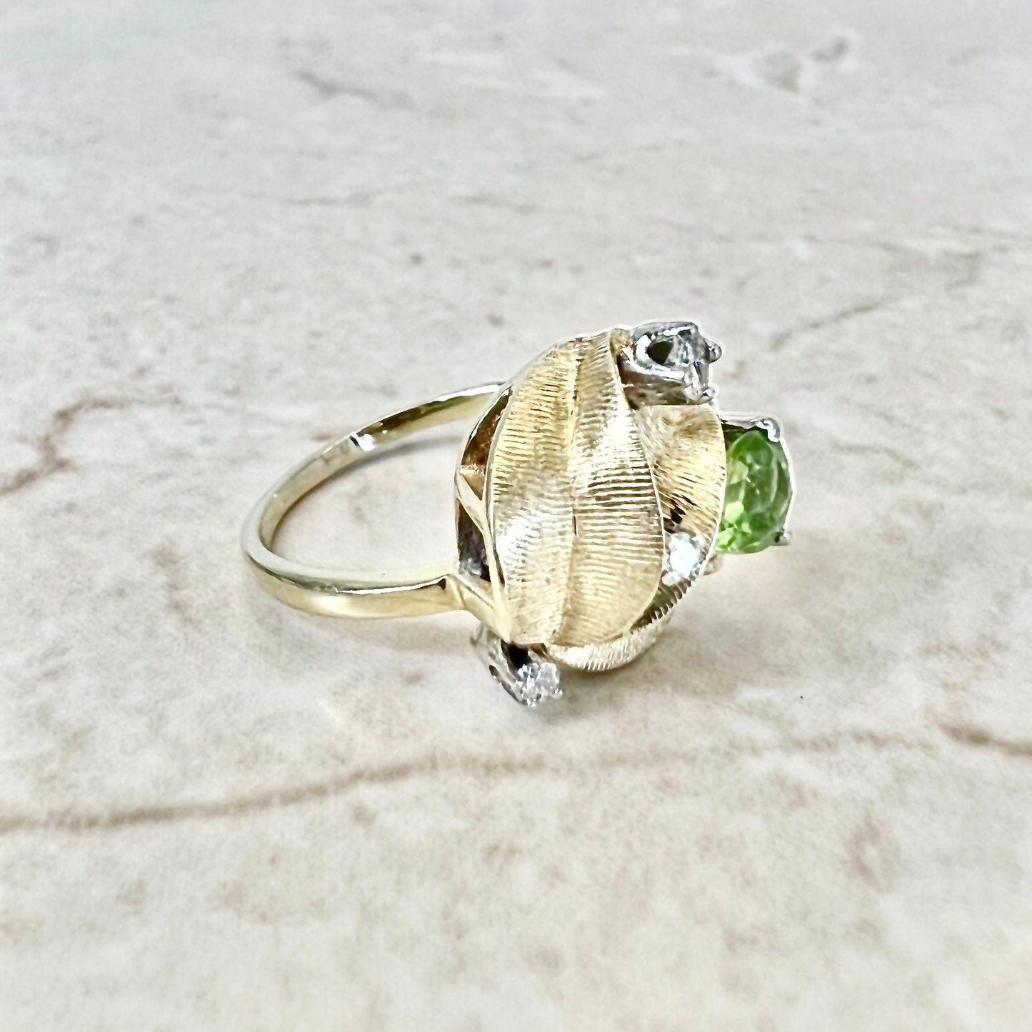Vintage Floral 14K Peridot & Diamond Cocktail Ring - Yellow Gold Peridot Ring - Statement Ring - Birthday Gift For Her - August Birthstone