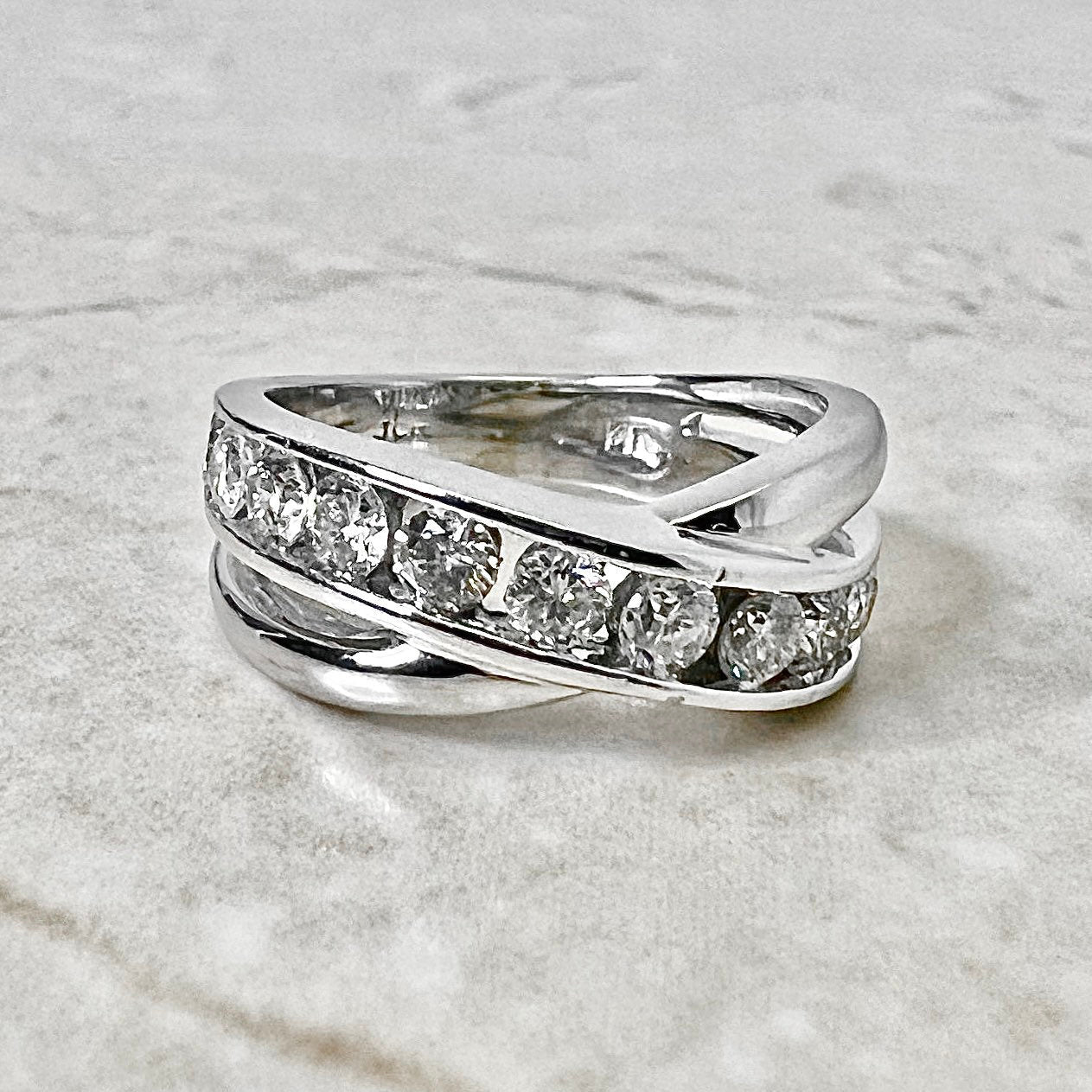 Vintage 14K Diamond Crossover Half Eternity Band Ring - White Gold Diamond Ring - Diamond Cocktail Ring - Anniversary Ring - Wedding Ring