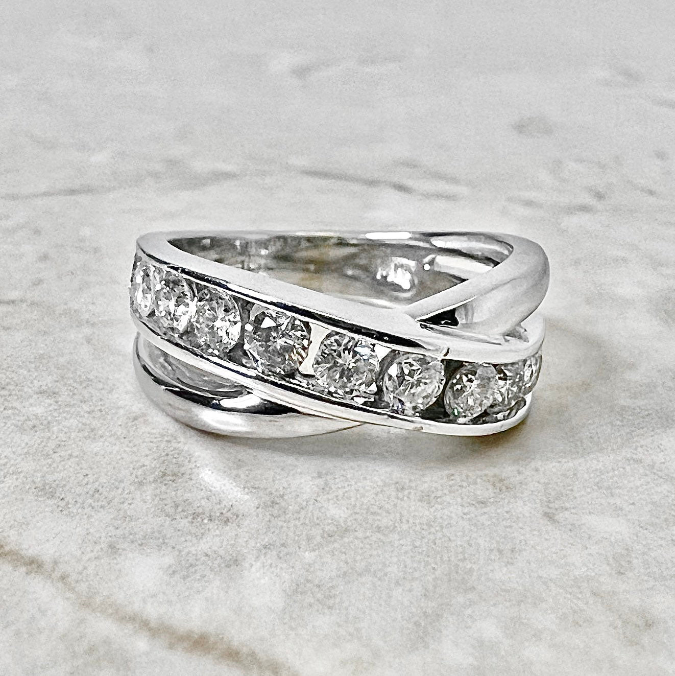 Vintage 14K Diamond Crossover Half Eternity Band Ring - White Gold Diamond Ring - Diamond Cocktail Ring - Anniversary Ring - Wedding Ring