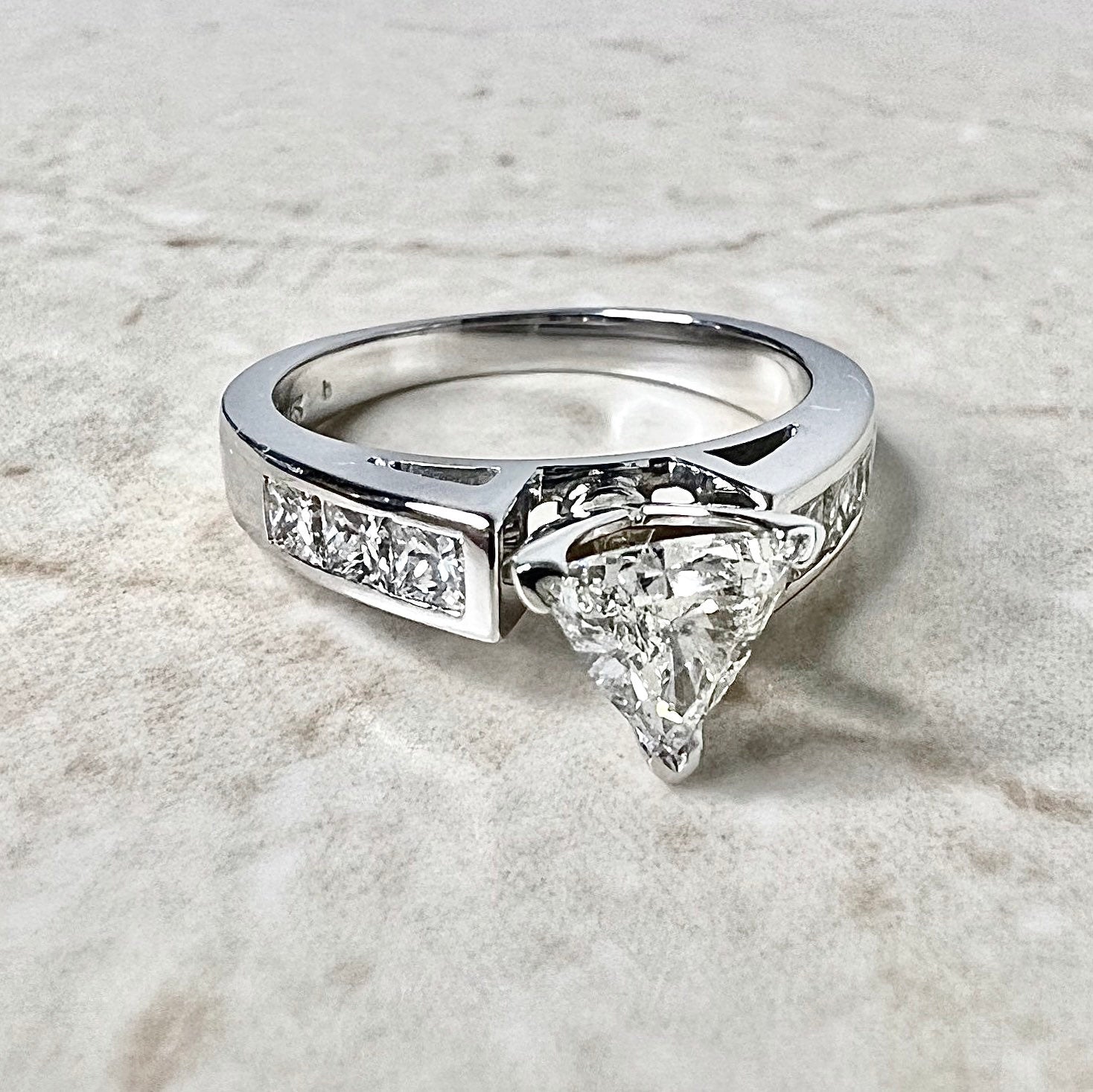 Vintage 14 Karat White Gold 1.25 Carat Trillion Diamond Engagement Ring - WeilJewelry