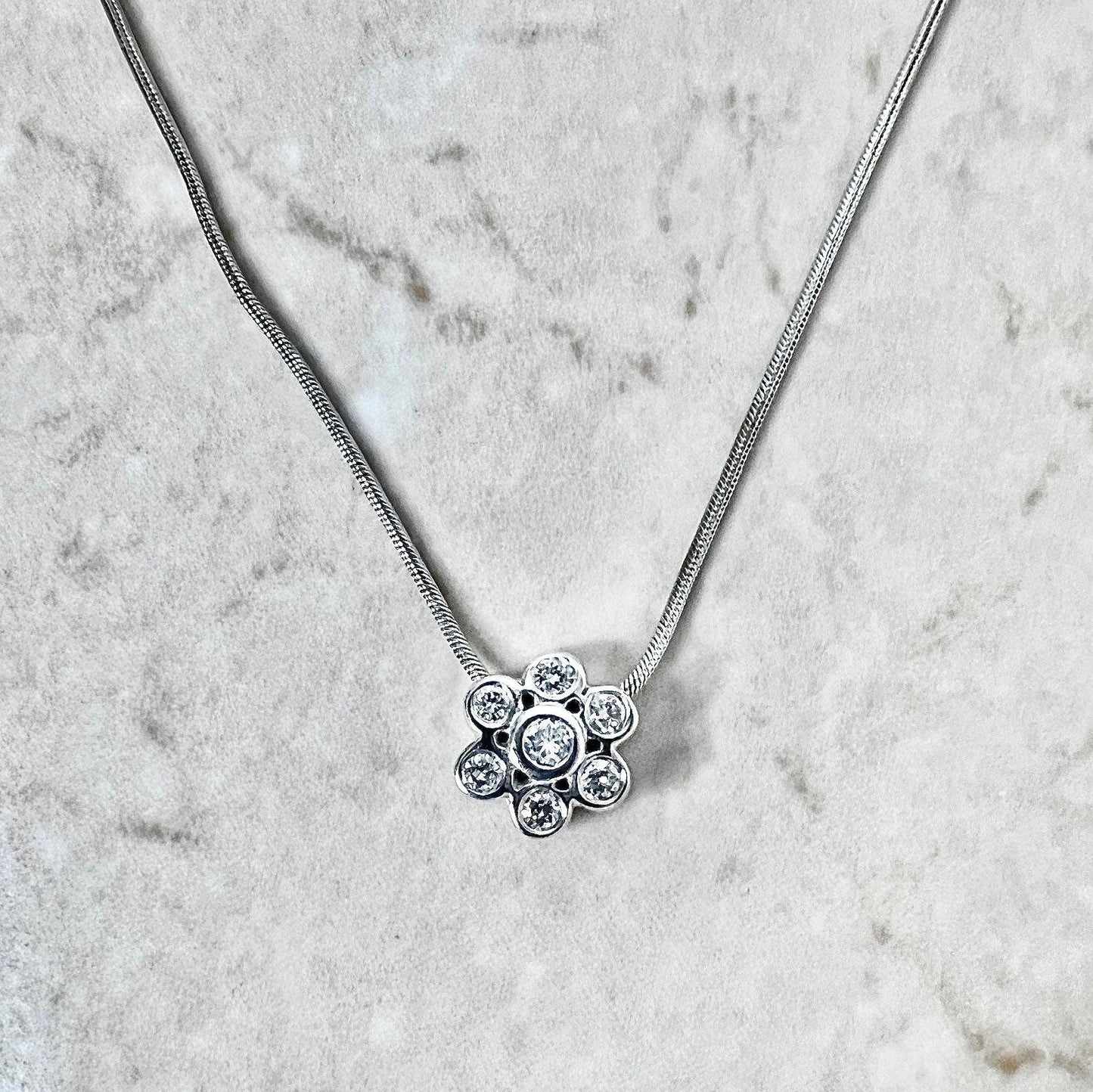 Vintage 14 Karat White Gold Bezel Diamond Flower Halo Pendant Necklace - WeilJewelry
