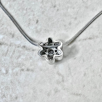 Vintage 14 Karat White Gold Bezel Diamond Flower Halo Pendant Necklace - WeilJewelry