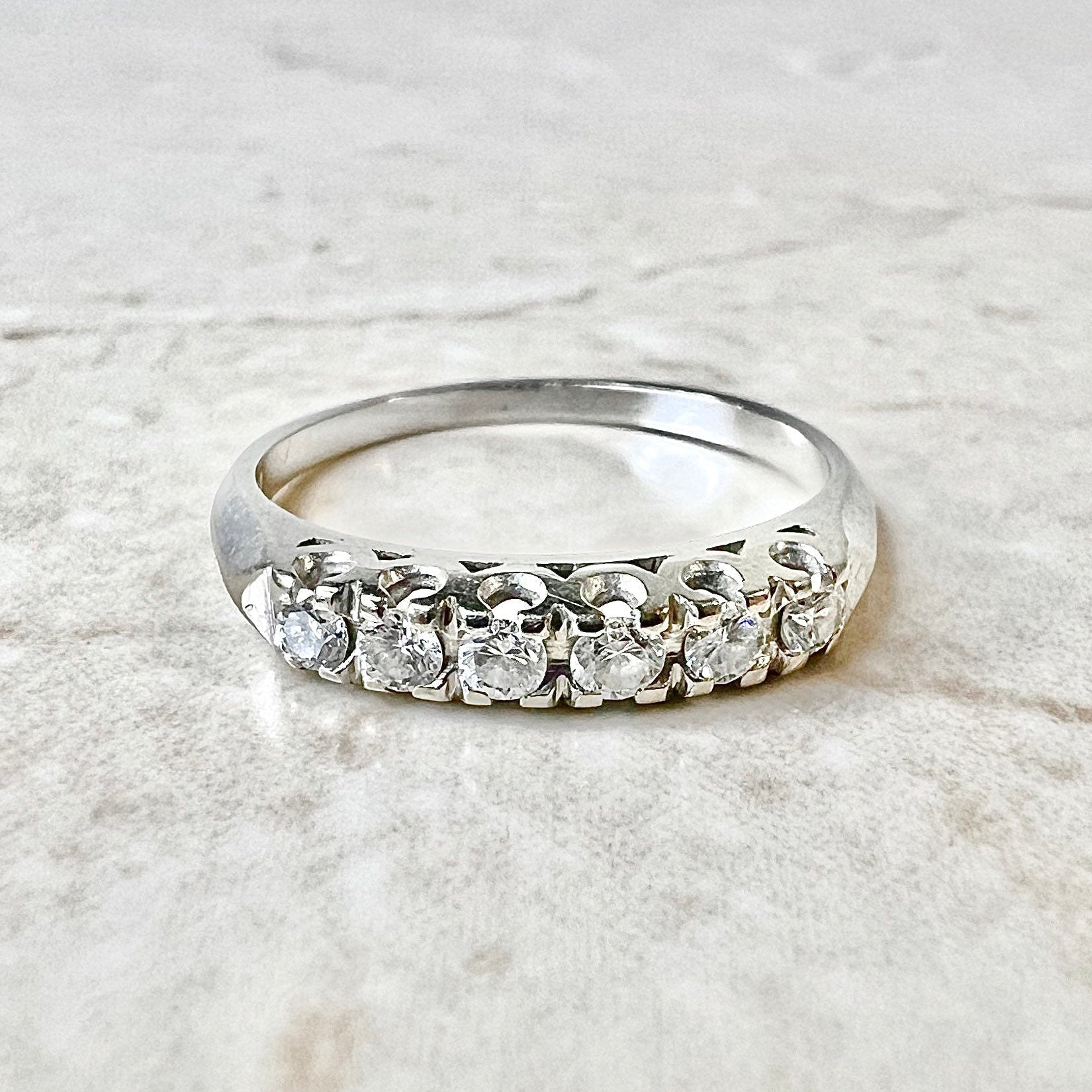 Vintage 14K Diamond Band Ring - White Gold Diamond Ring - 6 Stone Band - Anniversary Ring - Gold Diamond Wedding Ring - Stackable Ring
