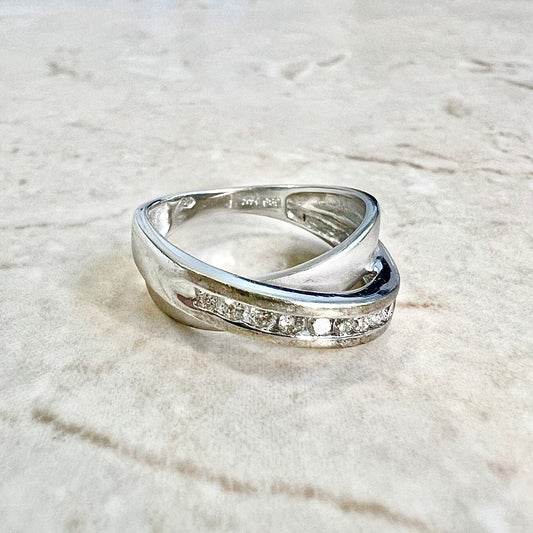 Vintage 14 Karat White Gold Diamond Crossover Band Ring - WeilJewelry