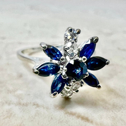 14K Sapphire & Diamond Cocktail Ring - White Gold Flower Ring - Promise Ring - Anniversary Ring - September Birthstone - Best Gift For Her
