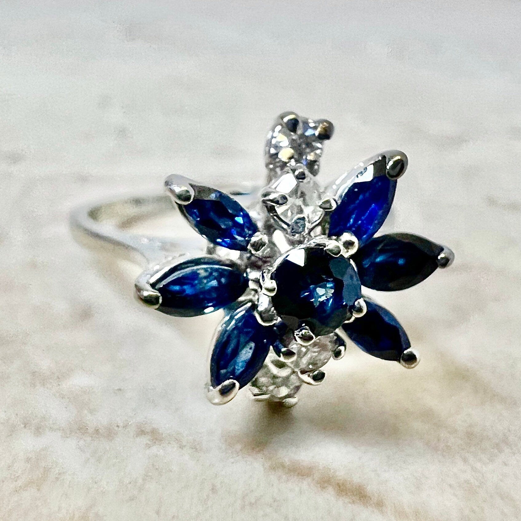 Vintage 14 Karat White Gold Floral Sapphire & Diamond Cocktail Ring - WeilJewelry