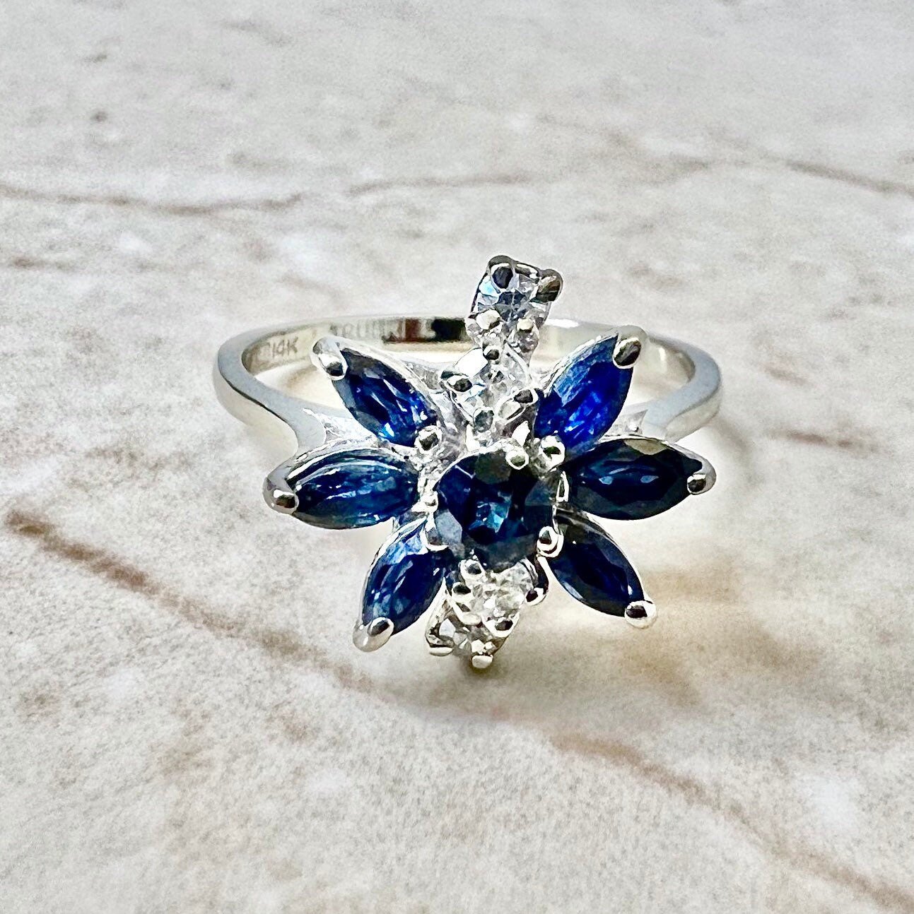 14K Sapphire & Diamond Cocktail Ring - White Gold Flower Ring - Promise Ring - Anniversary Ring - September Birthstone - Best Gift For Her